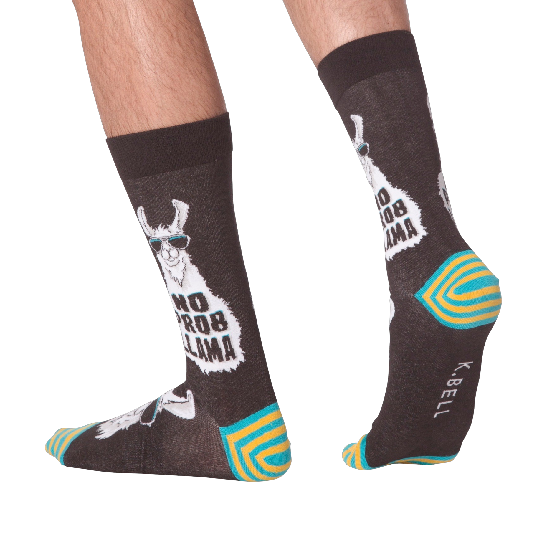 Lifestyle shot of 'No Prob Llama' socks on a person's feet. Shows the socks from the side and back.
