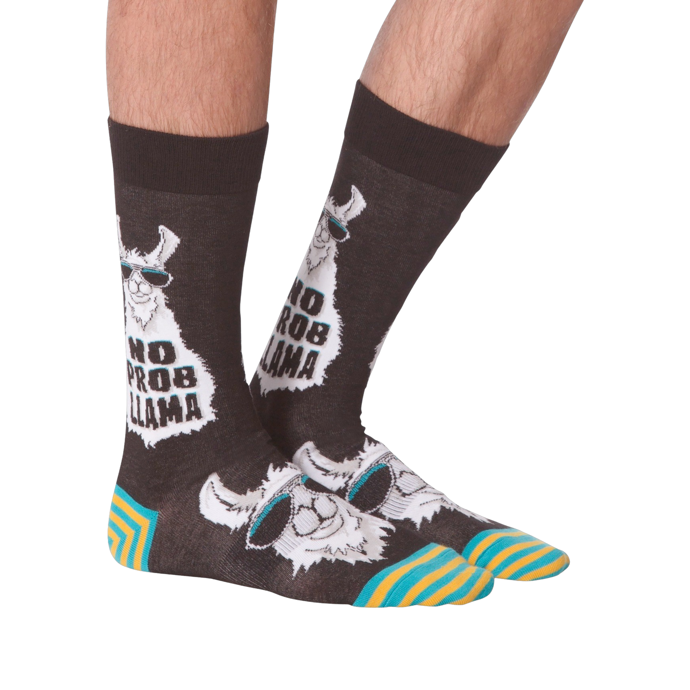 Another lifestyle shot of 'No Prob Llama' socks. Shows the socks on a person's feet from an angle.