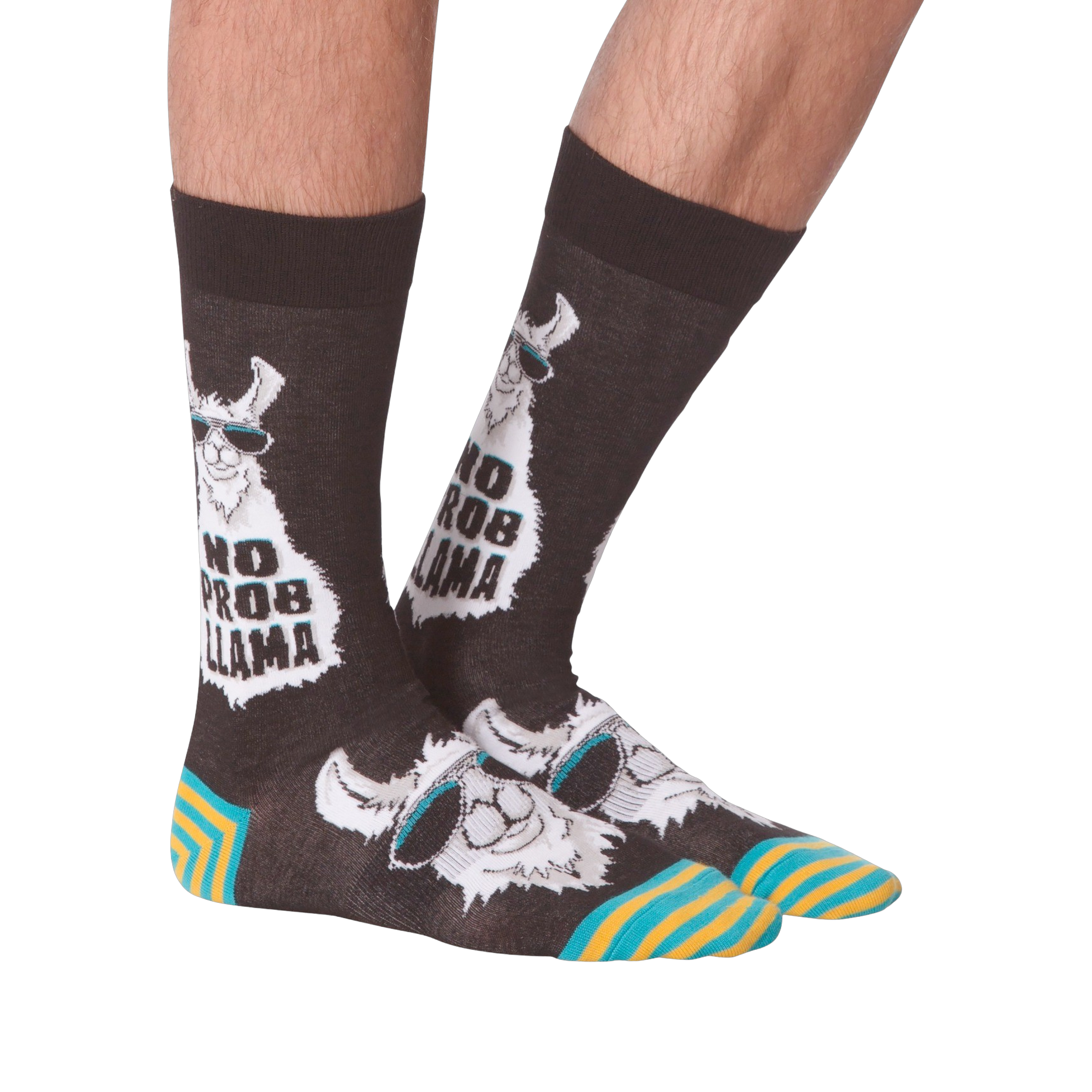 Another lifestyle shot of 'No Prob Llama' socks. Shows the socks on a person's feet from an angle.