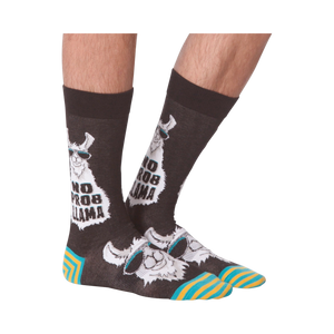Another lifestyle shot of 'No Prob Llama' socks. Shows the socks on a person's feet from an angle.