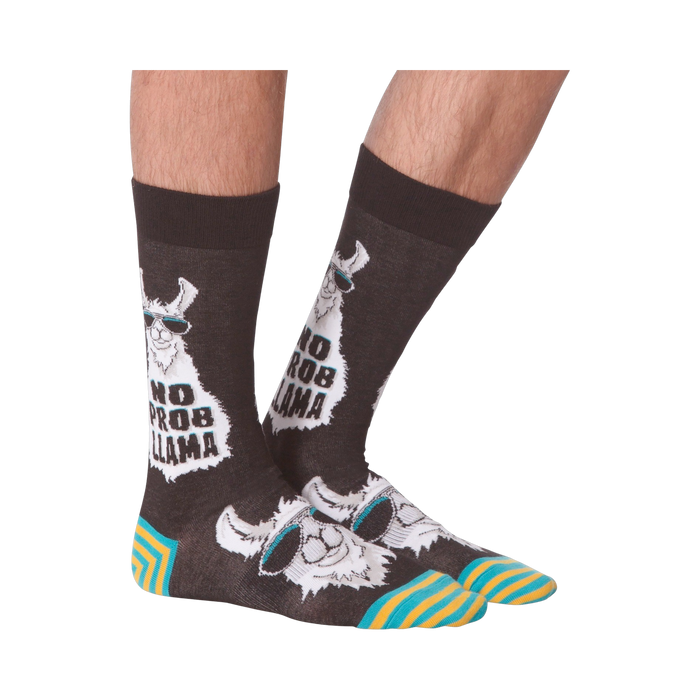 Another lifestyle shot of 'No Prob Llama' socks. Shows the socks on a person's feet from an angle.