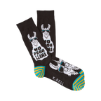 Pair of crew socks, black with teal and yellow stripes. Features a cool llama wearing sunglasses and the phrase 'No Prob Llama'.