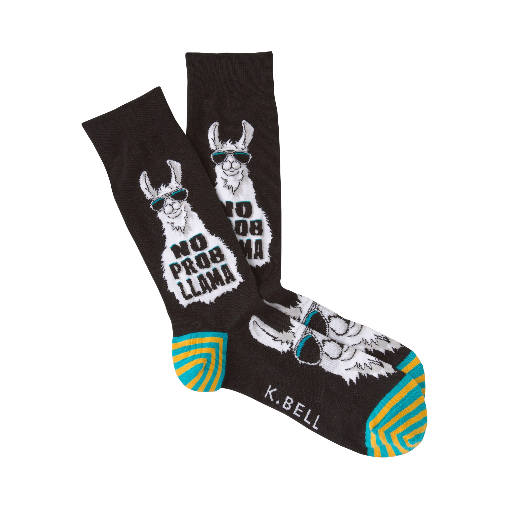 Pair of crew socks, black with teal and yellow stripes. Features a cool llama wearing sunglasses and the phrase 'No Prob Llama'.