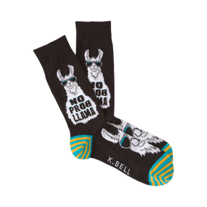 Pair of crew socks, black with teal and yellow stripes. Features a cool llama wearing sunglasses and the phrase 'No Prob Llama'.