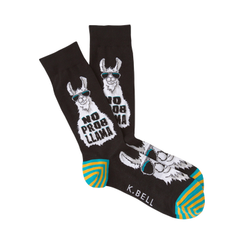 Pair of crew socks, black with teal and yellow stripes. Features a cool llama wearing sunglasses and the phrase 'No Prob Llama'.