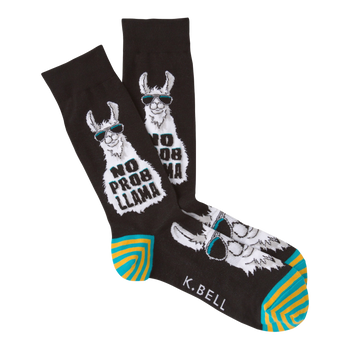 black crew socks featuring a llama wearing sunglasses with the phrase "no prob llama."   