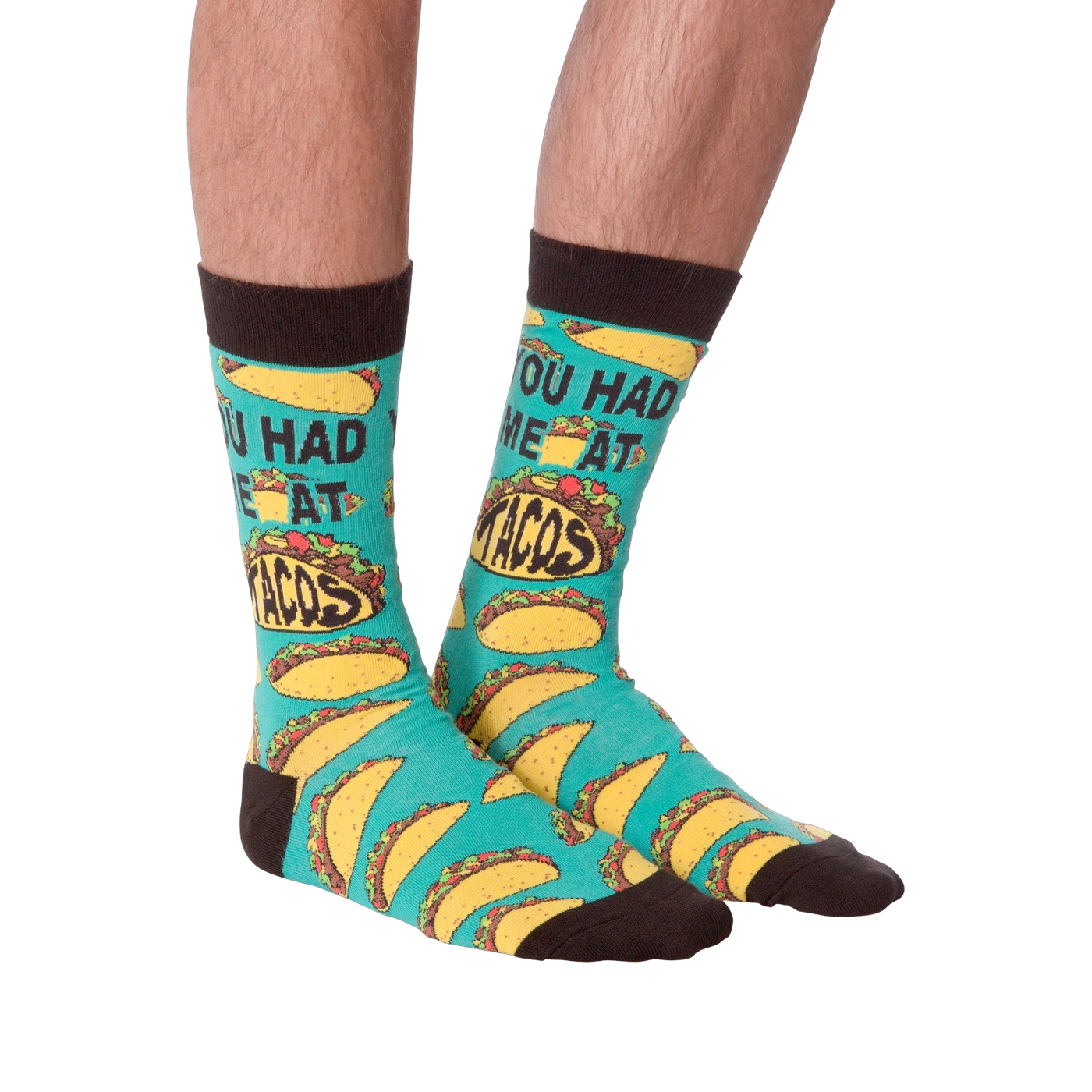 Another product shot of the 'You Had Me at Tacos' socks, showcasing the full sock design from a slightly different angle.