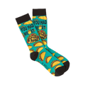 Pair of teal crew socks with a repeating pattern of tacos and the phrase 'You Had Me at Tacos.'  Black cuff.