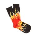 Pair of crew socks with a flame design.  Predominantly black with red and yellow flames.
