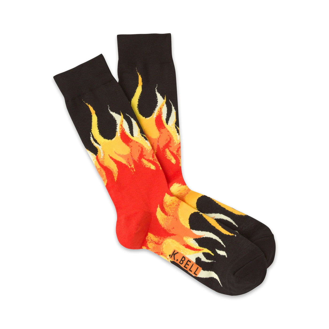 Pair of crew socks with a flame design.  Predominantly black with red and yellow flames.
