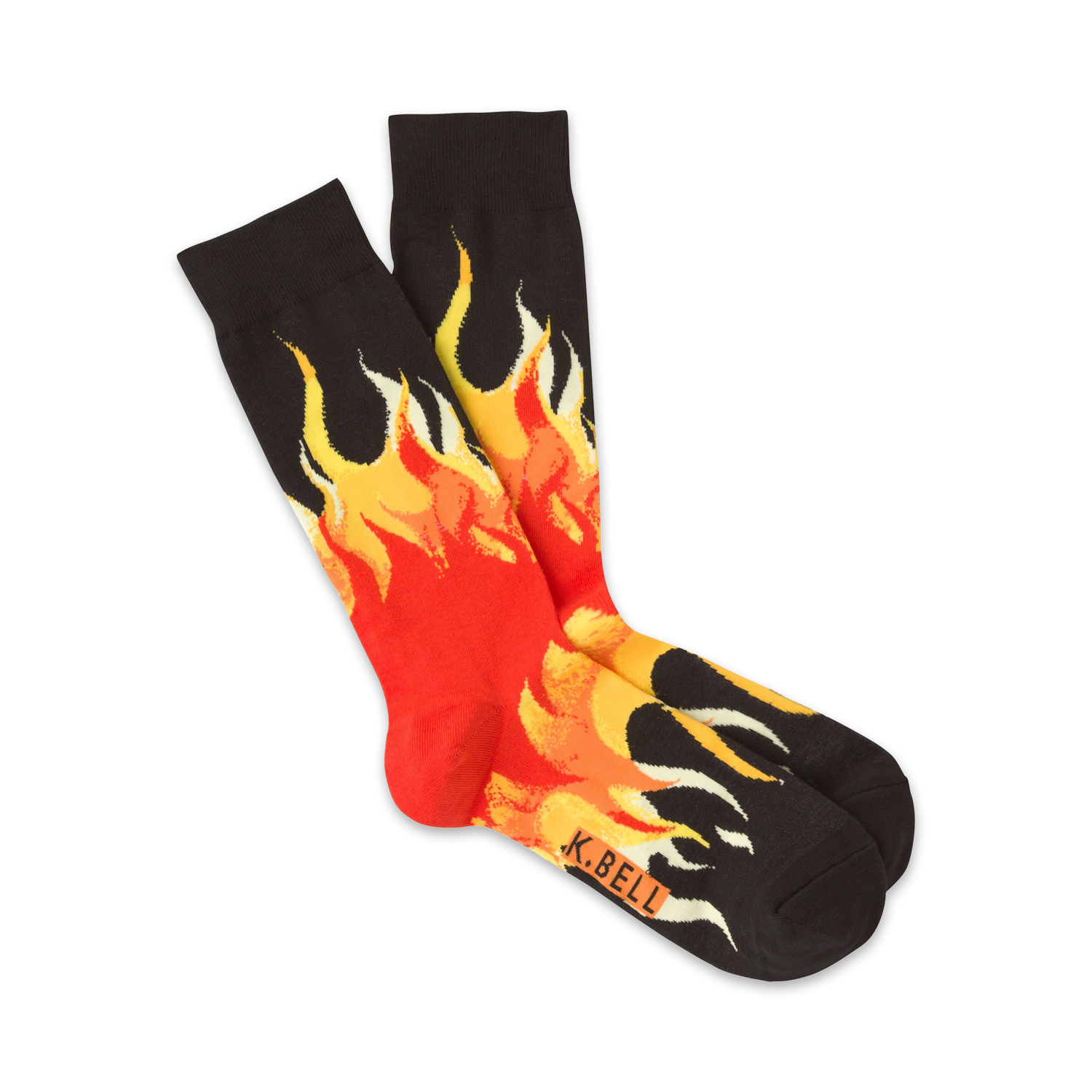 Pair of crew socks with a flame design.  Predominantly black with red and yellow flames.