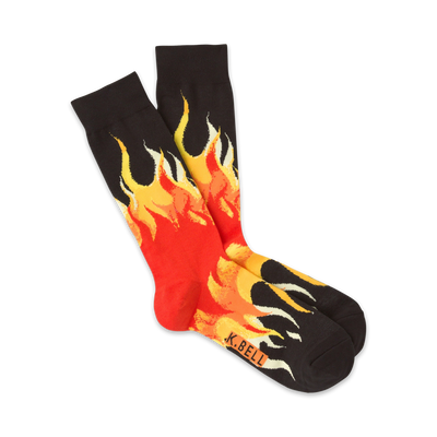 men's black crew socks with orange, red, yellow flame pattern.   