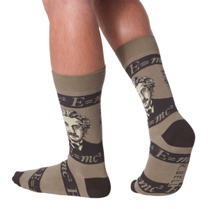 A pair of brown crew socks with a portrait of Albert Einstein and the equation E=mc2.