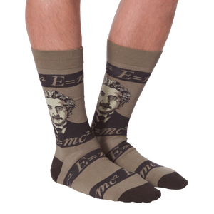 A pair of brown crew socks with a portrait of Albert Einstein and the equation E=mc2.