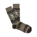 Pair of crew socks in olive green and brown. Einstein's portrait and the equation E=mc² are featured in a repeated pattern.
