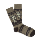 Pair of crew socks in olive green and brown. Einstein's portrait and the equation E=mc² are featured in a repeated pattern.