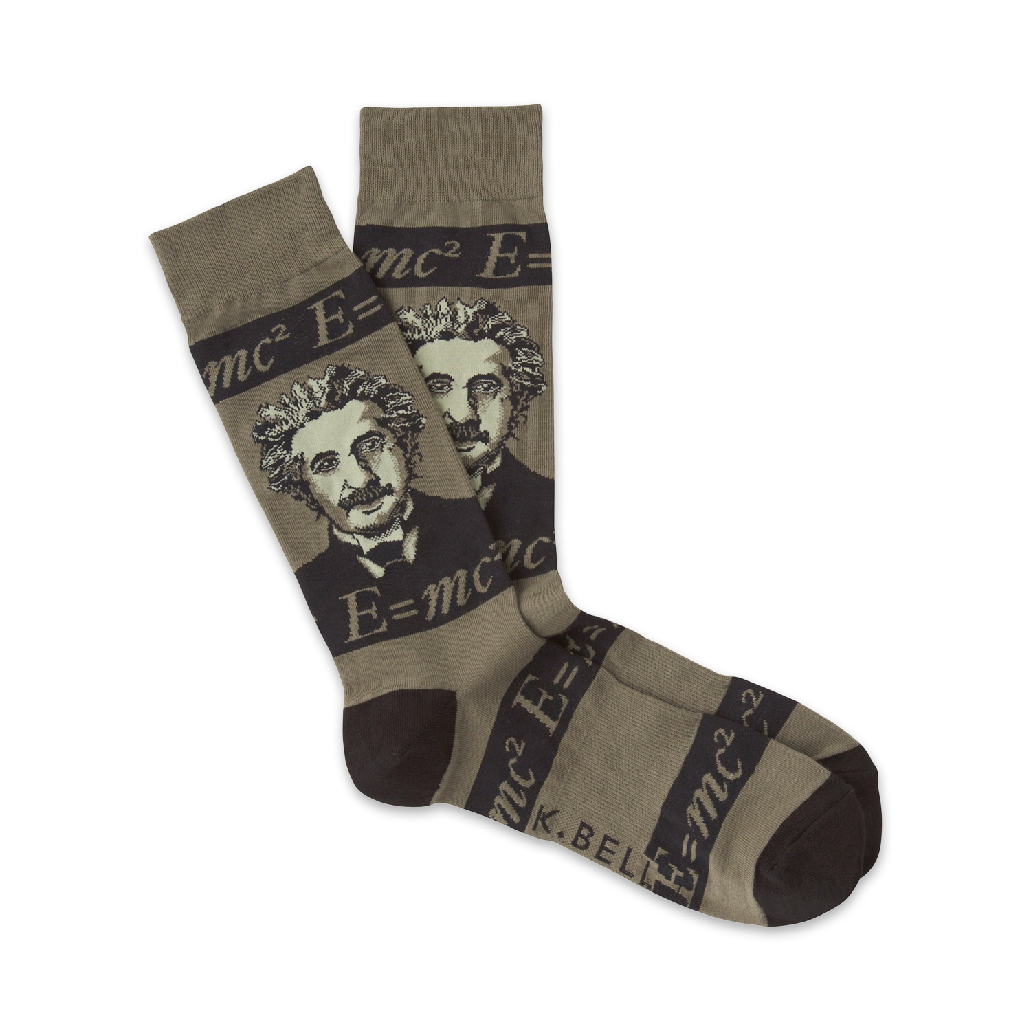 Pair of crew socks in olive green and brown. Einstein's portrait and the equation E=mc² are featured in a repeated pattern.