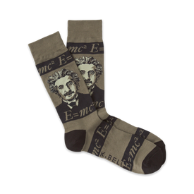 dark olive green crew socks for men featuring a pattern of albert einstein's face surrounded by the equation e=mc2  
