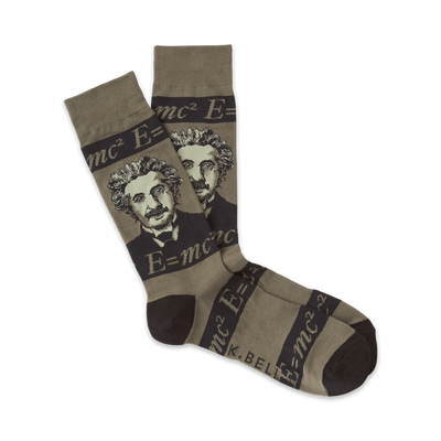 dark olive green crew socks for men featuring a pattern of albert einstein's face surrounded by the equation e=mc2  