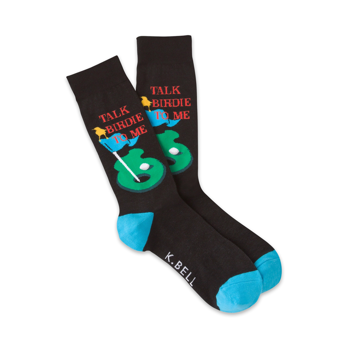 Pair of black crew socks with a golf-themed design. Features a putting green, golf ball, flags, and the text 'Talk Birdie To Me'. Teal blue cuffs.