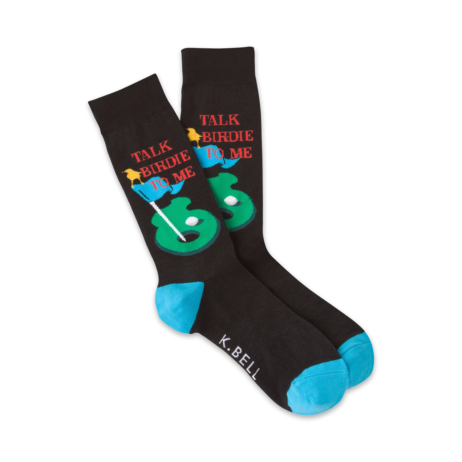 Pair of black crew socks with a golf-themed design. Features a putting green, golf ball, flags, and the text 'Talk Birdie To Me'. Teal blue cuffs.