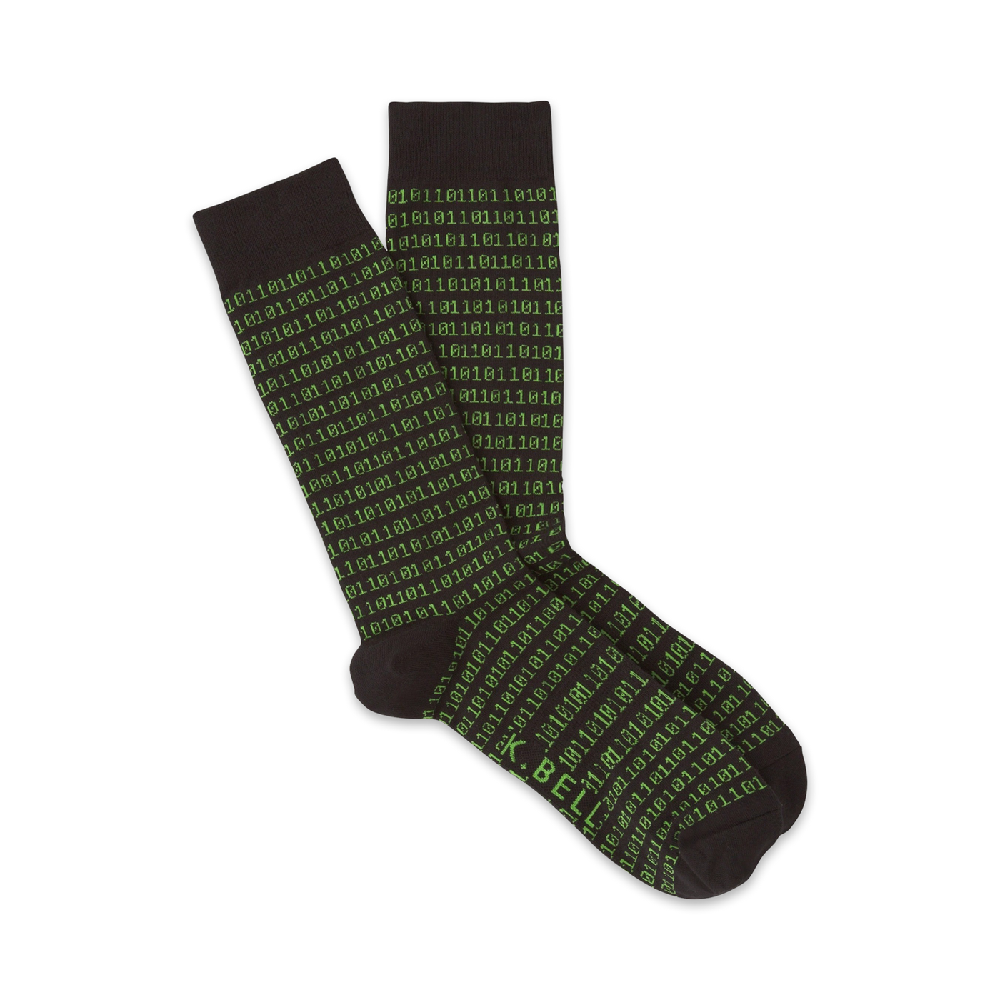 Pair of dark grey crew socks featuring a repeating pattern of bright green binary code.