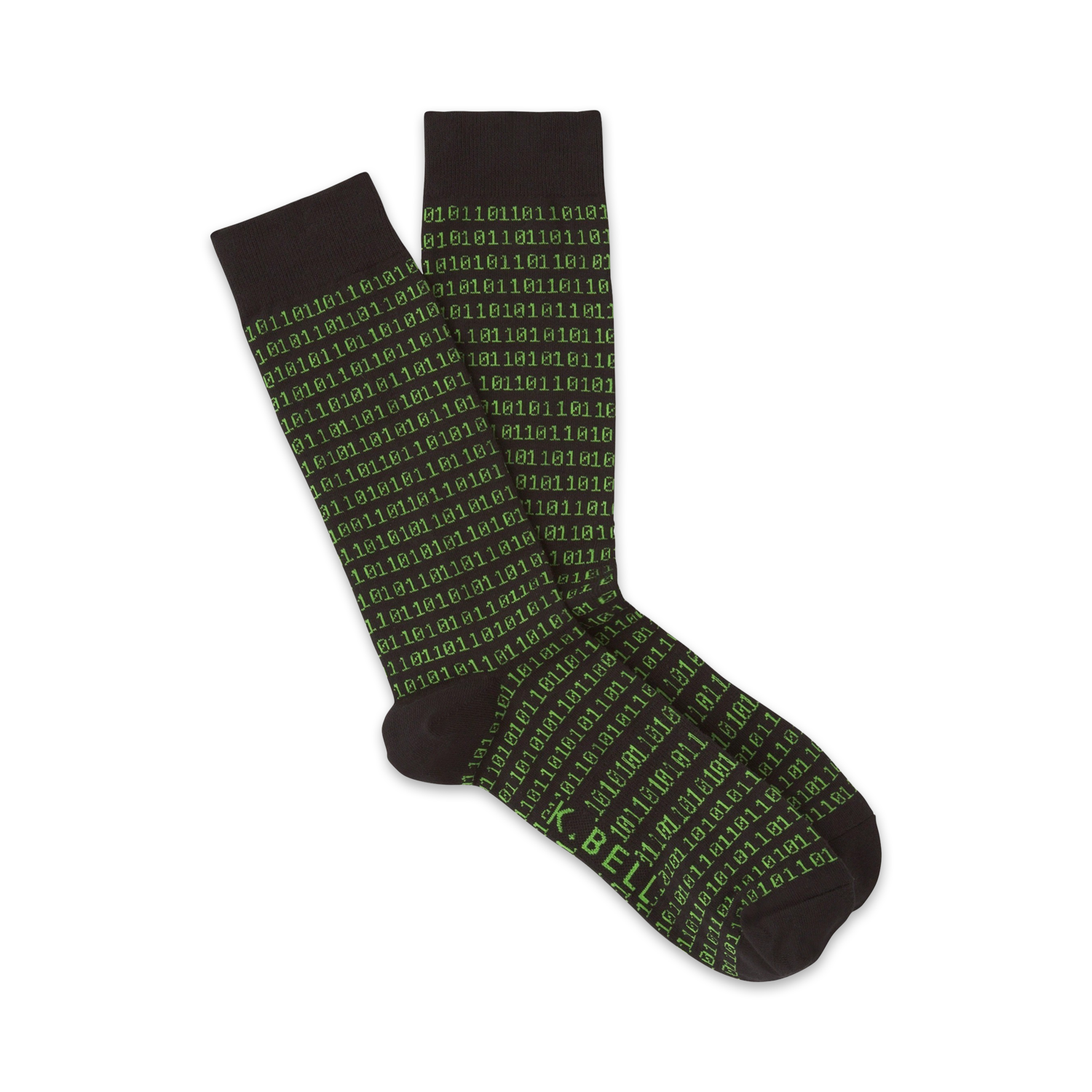 Pair of dark grey crew socks featuring a repeating pattern of bright green binary code.
