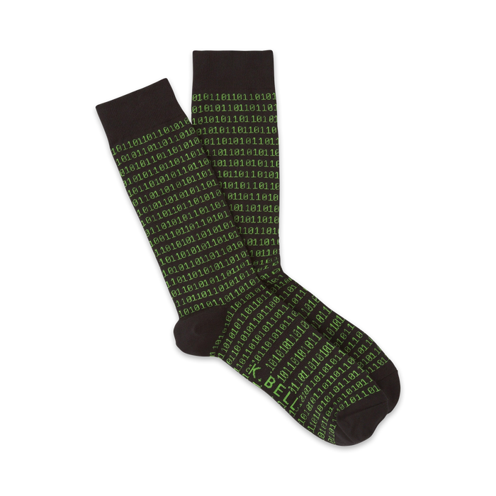 green binary code patterned crew socks in men's sizes for your inner geek.     }}