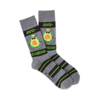 Crew socks in gray with lime green stripes.  A cartoon avocado with sunglasses jump ropes on the socks.