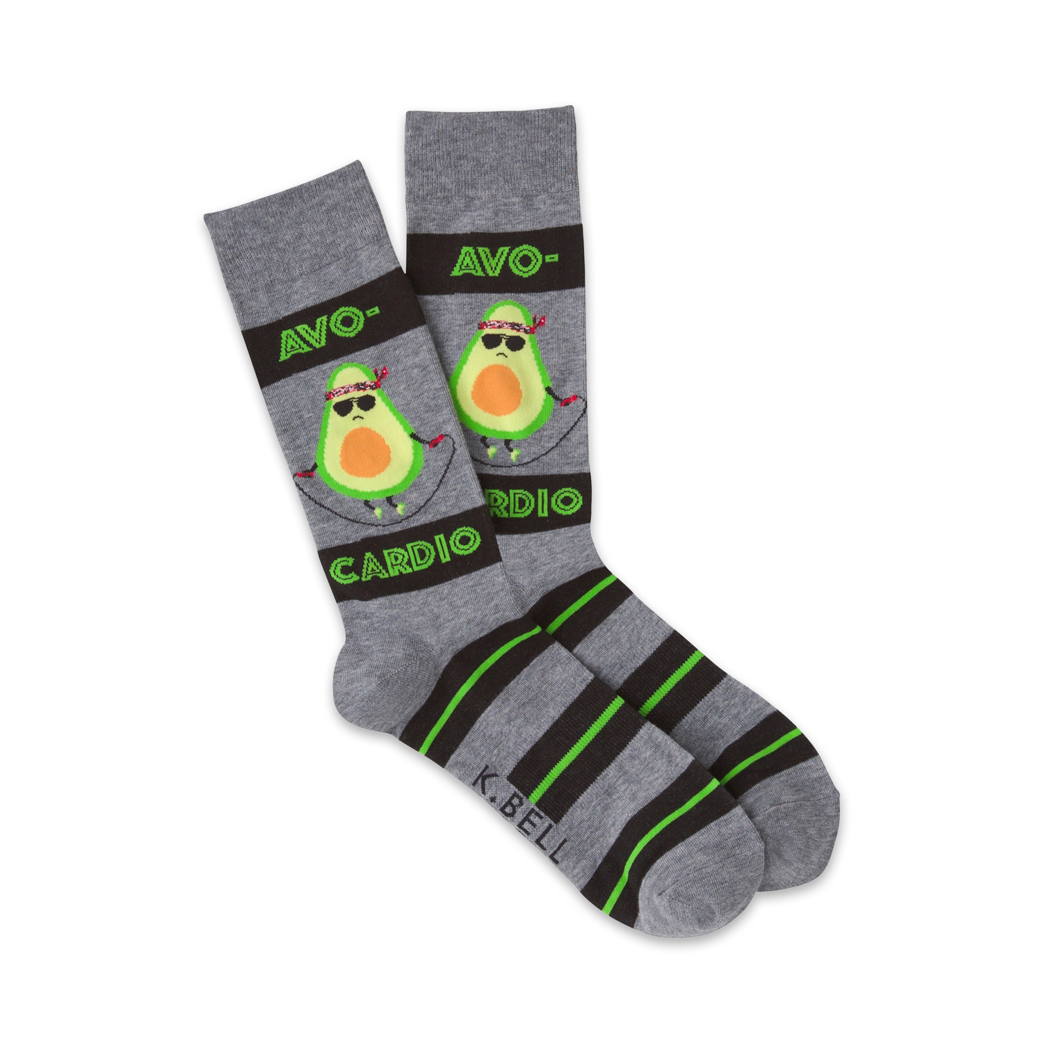 Crew socks in gray with lime green stripes.  A cartoon avocado with sunglasses jump ropes on the socks.