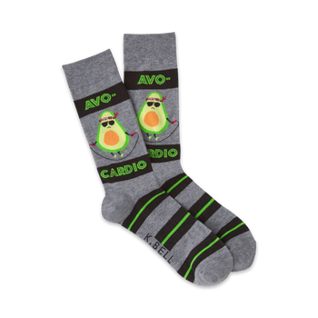 gray avo-cardio crew socks with green/black stripes. avocados in sunglasses jumping rope. "avo-cardio" in black on the band around the cuff of the sock.   