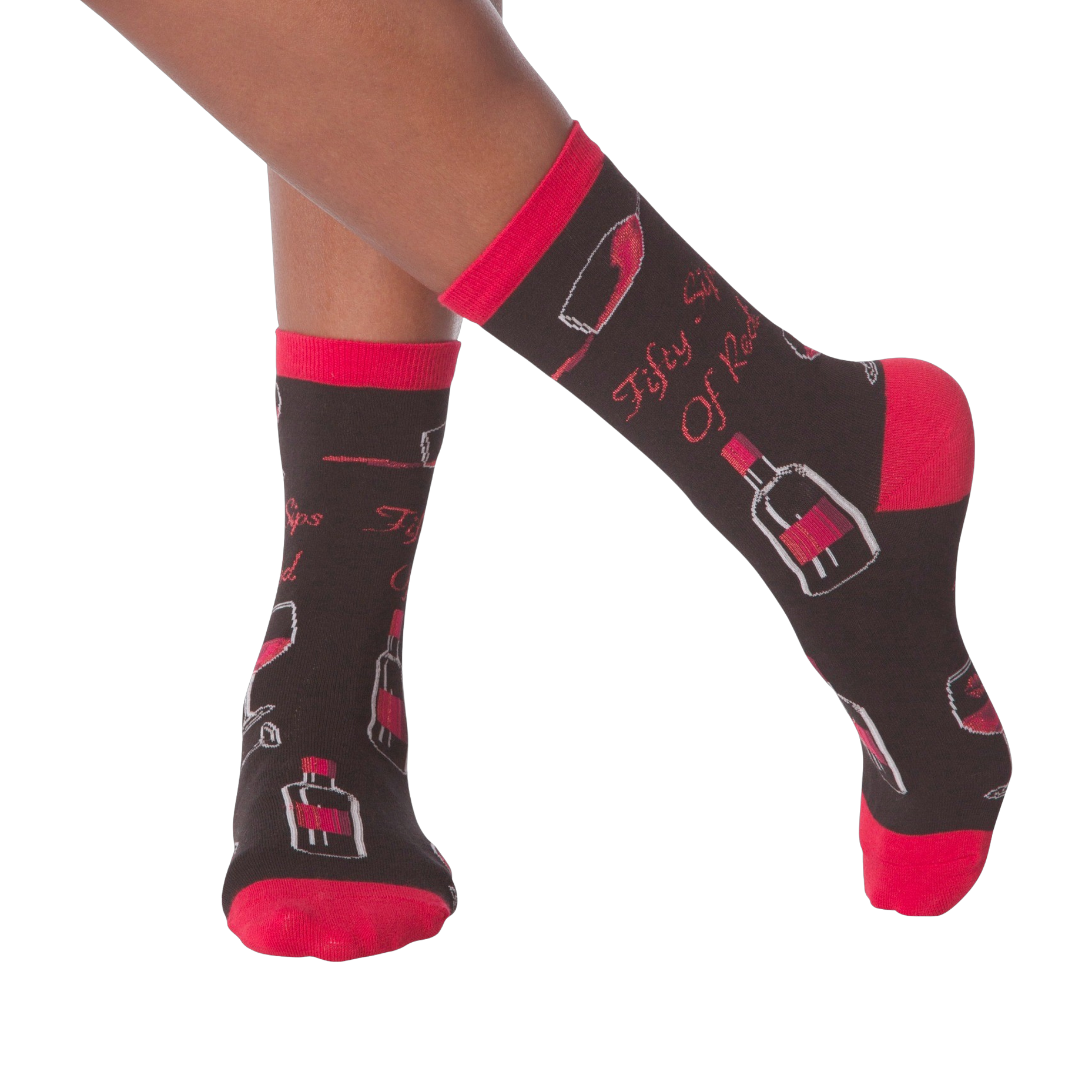 Lifestyle shot of model's legs wearing the 'Fifty Sips of Red' socks, showing the socks on feet.