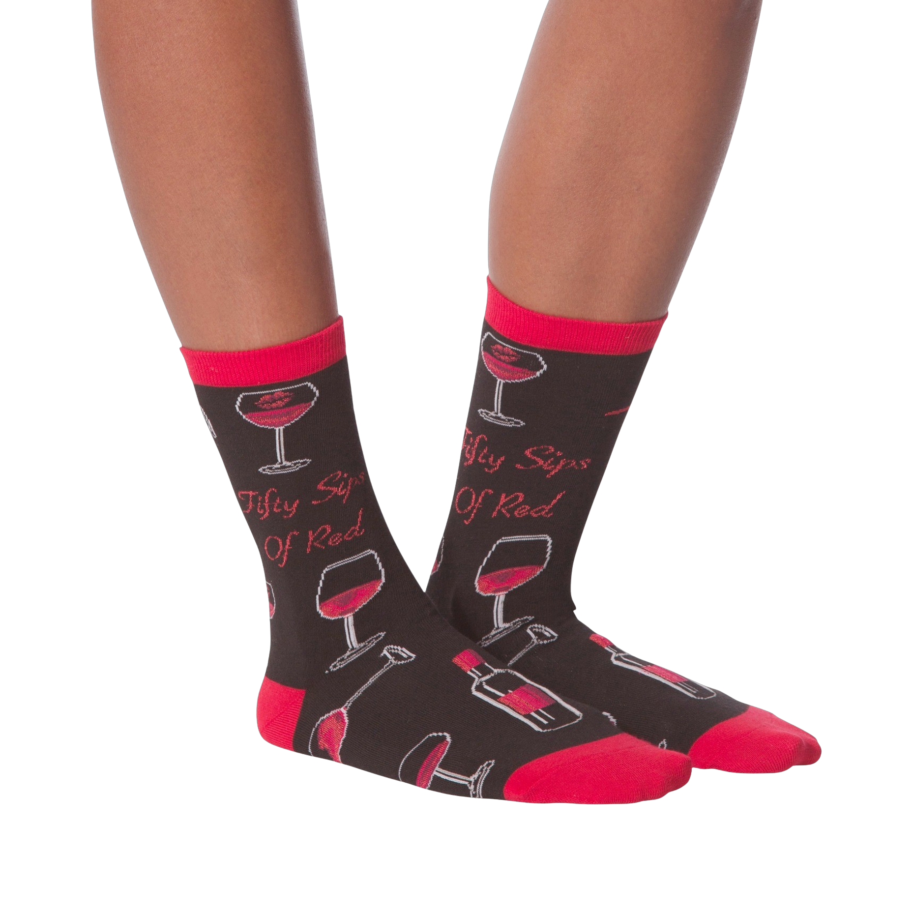 Another lifestyle shot showcasing the 'Fifty Sips of Red' socks on a model's legs from a slightly different angle.