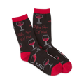 Pair of crew socks; black with red wine glasses, bottles, and 'Fifty Sips of Red' text.