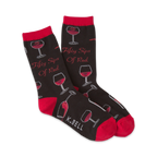 Pair of crew socks; black with red wine glasses, bottles, and 'Fifty Sips of Red' text.