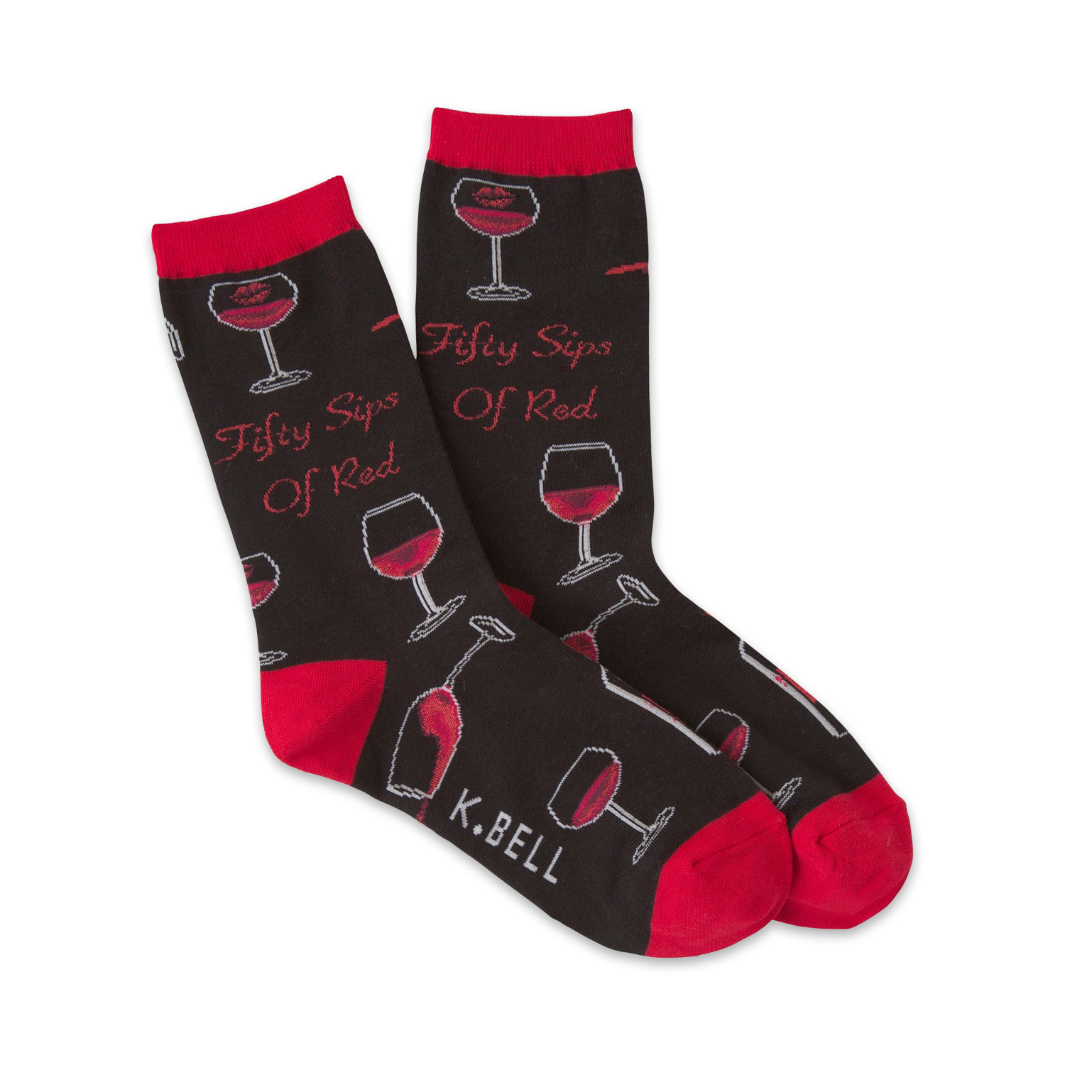 Pair of crew socks; black with red wine glasses, bottles, and 'Fifty Sips of Red' text.