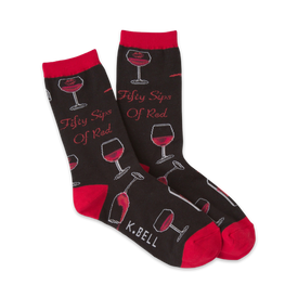 black crew socks with red toes, heels, and tops featuring cartoonish wine glasses and the phrase 'fifty sips of red' for women.  