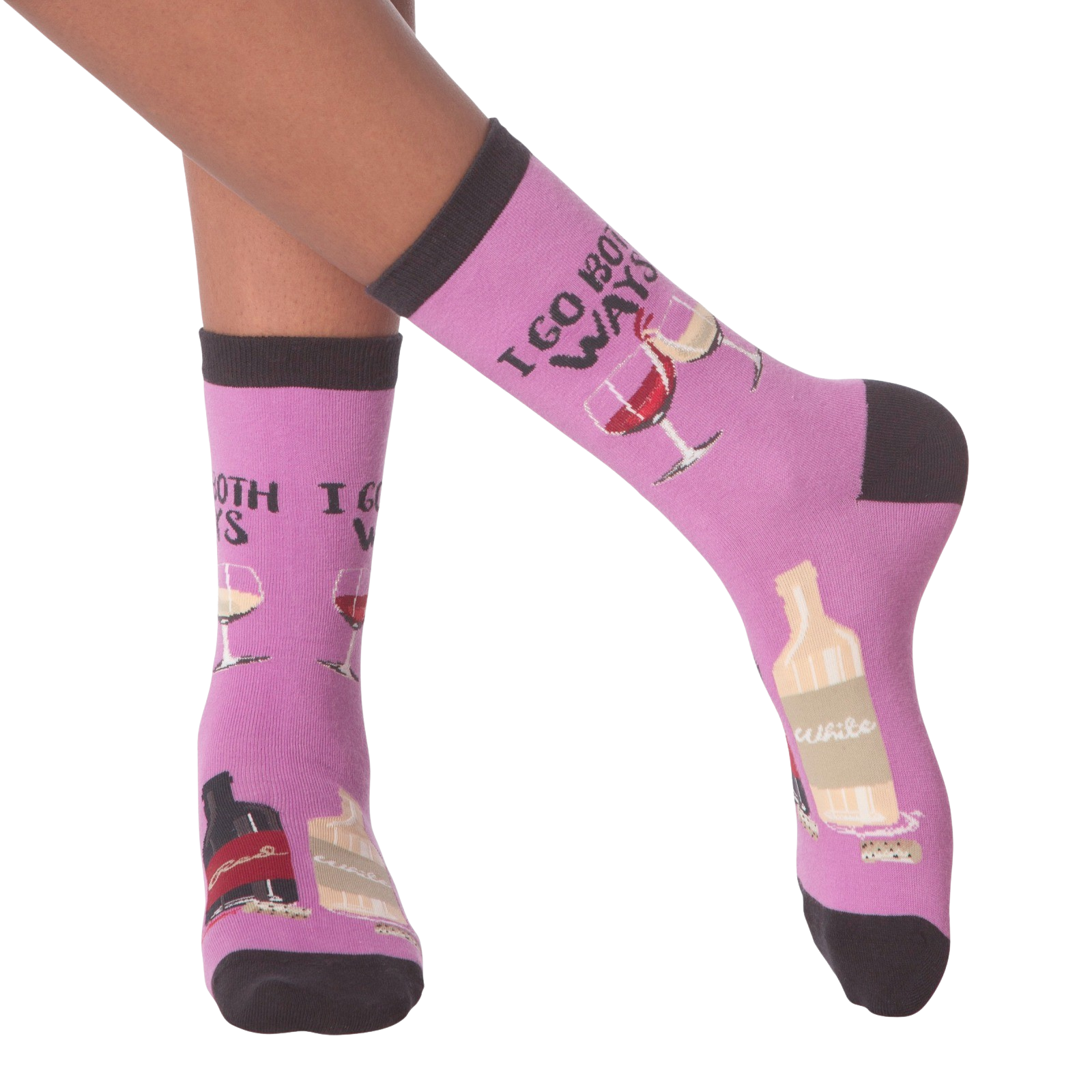 Lifestyle shot: 'I Go Both Ways' socks on a person's legs against a black background. 