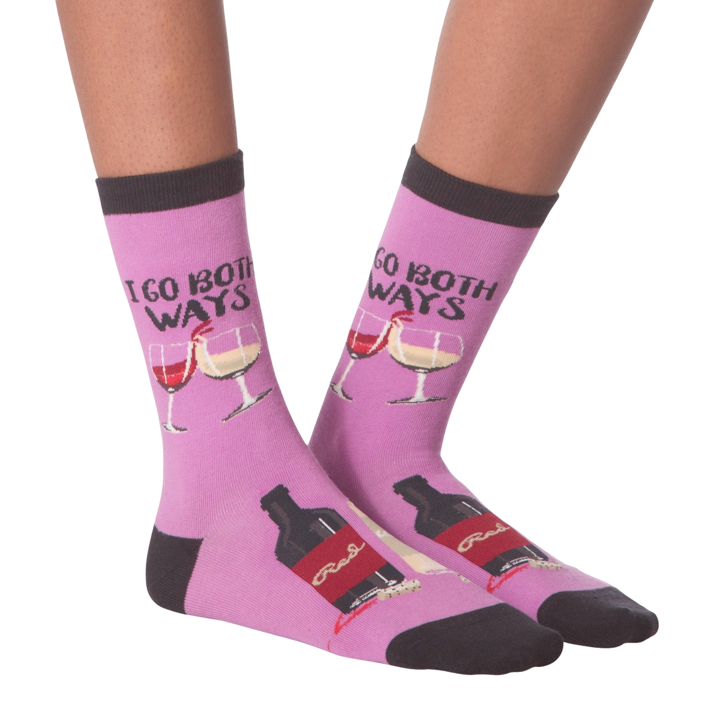 Close-up shot: A pair of 'I Go Both Ways' socks, showcasing details like wine bottle and glass designs.
