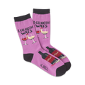Pair of purple crew socks with a playful 'I Go Both Ways' wine theme. Features red and white wine glasses and bottles.