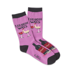 Pair of purple crew socks with a playful 'I Go Both Ways' wine theme. Features red and white wine glasses and bottles.