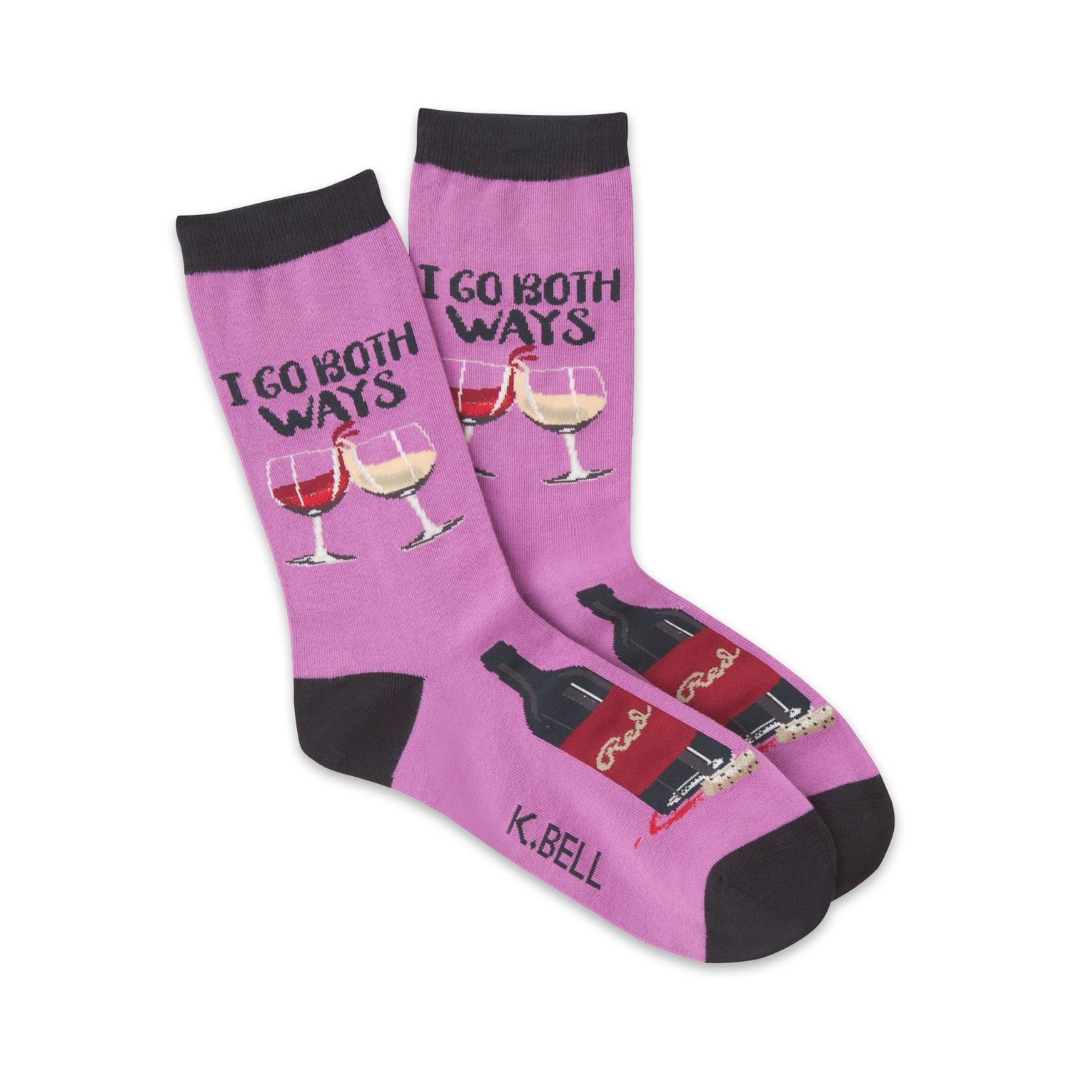 Pair of purple crew socks with a playful 'I Go Both Ways' wine theme. Features red and white wine glasses and bottles.