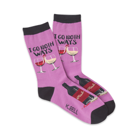 purple crew socks with 'i go both ways' text and wine graphics.  