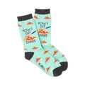 A pair of mint green crew socks with a pizza slice pattern and the text 'How I Cut Carbs'.  A pizza cutter is illustrated next to the text.