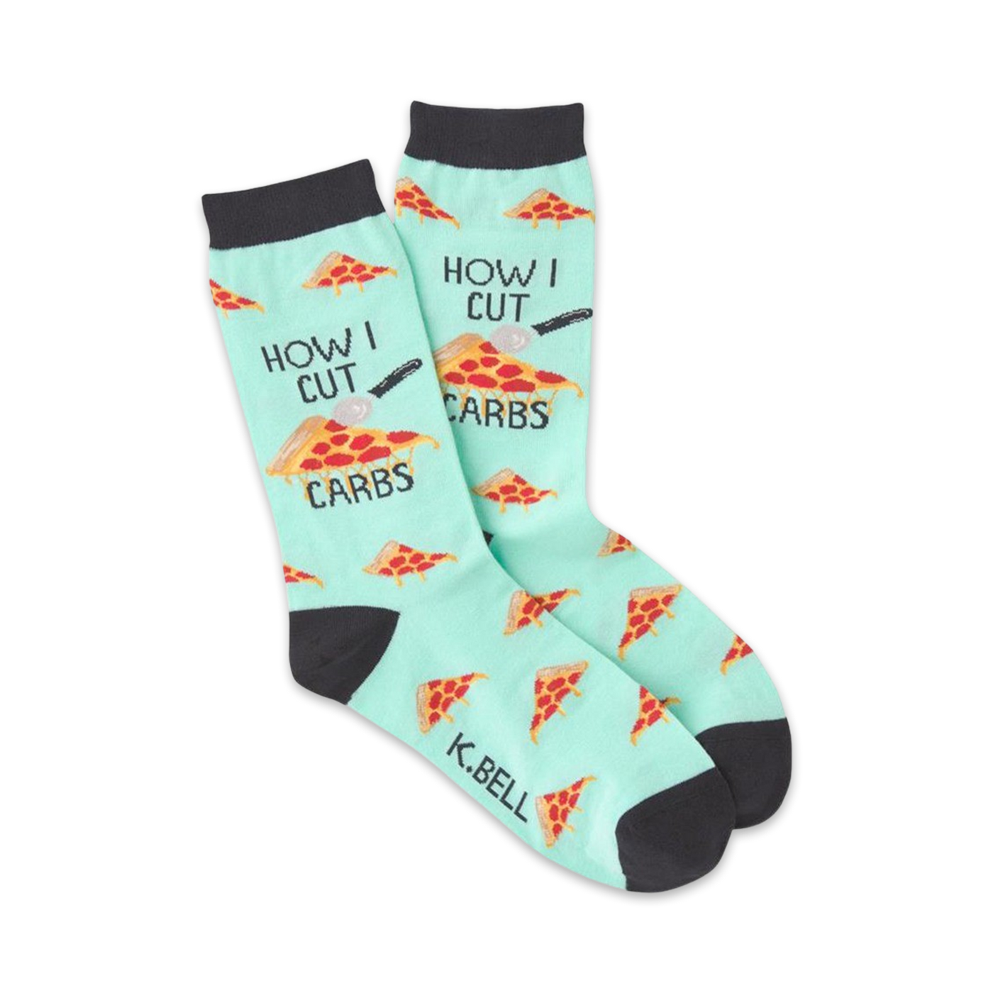 A pair of mint green crew socks with a pizza slice pattern and the text 'How I Cut Carbs'.  A pizza cutter is illustrated next to the text.