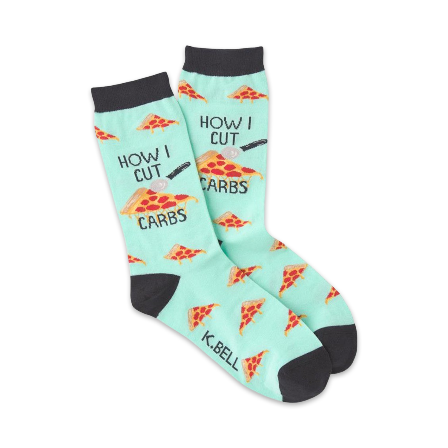 A pair of mint green crew socks with a pizza slice pattern and the text 'How I Cut Carbs'.  A pizza cutter is illustrated next to the text.