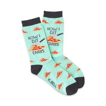 womens how i cut carbs pizza pattern crew socks featuring the text '{how i cut carbs}', perfect for the fitness-minded.   