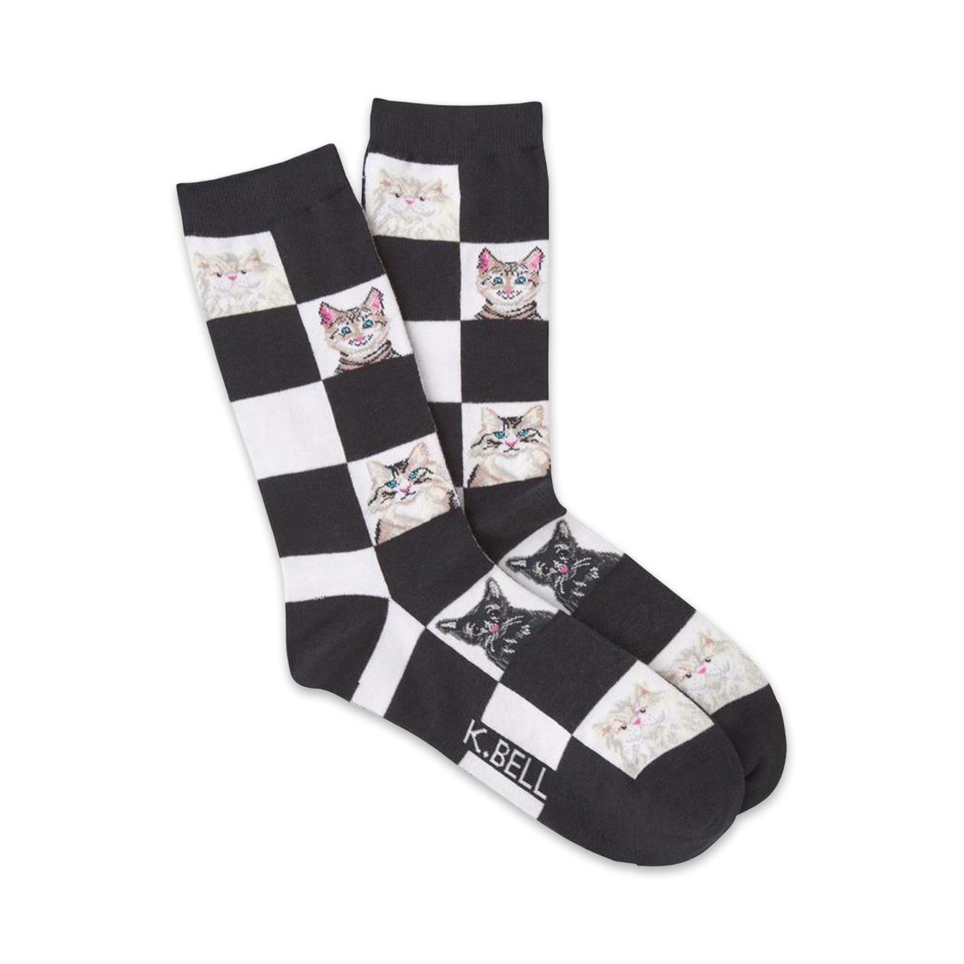 Pair of black and white crew socks with a checkered pattern and cute cat faces.