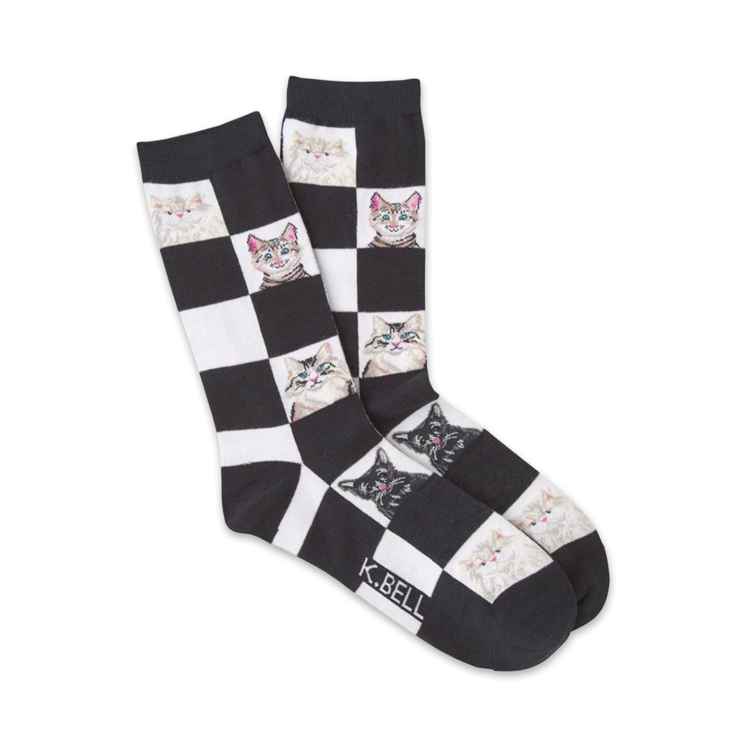 Pair of black and white crew socks with a checkered pattern and cute cat faces.