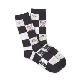 black and white checkerboard crew socks featuring nine different colorful cat designs.  